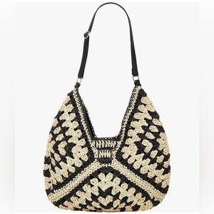 New Straw Hobo Handbag Black Cream Tan Woven Straw Vegan Leather OS